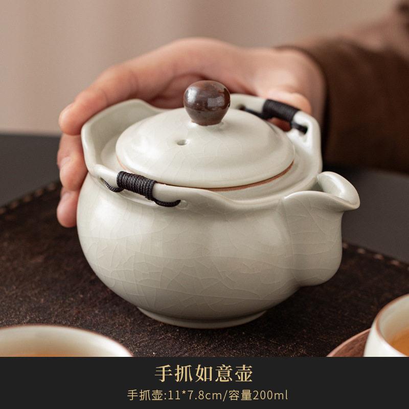 新中式景德镇青花瓷手抓壶茶具高档防烫功夫茶汝窑茶壶三才盖套装