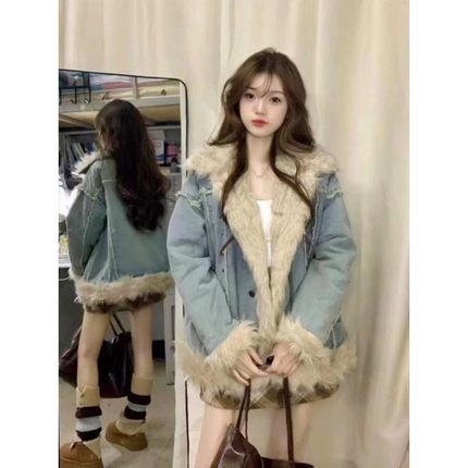 冬天高级感羊羔毛牛仔外套女秋冬款新款爆款冬季韩系加绒加厚棉服