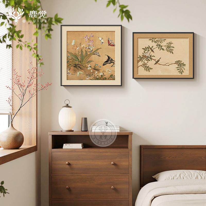 花鸟画主卧床头装饰画高级感绿色复古餐厅挂画宋氏美学花卉组合画