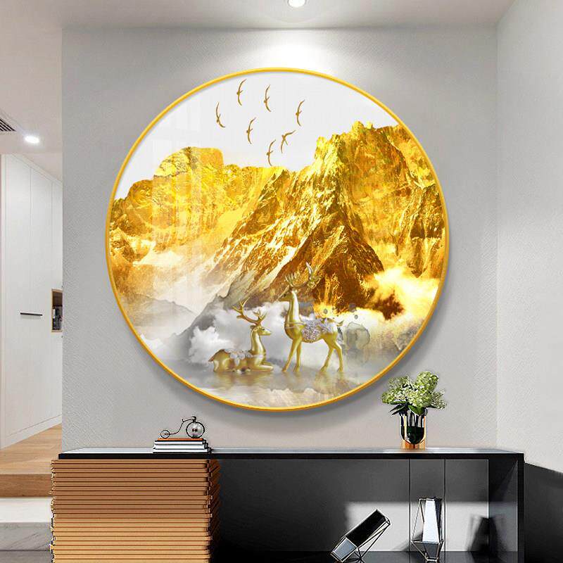 圆形背靠日照金山新中式玄关装饰画 画客厅沙发背景墙中国风景山