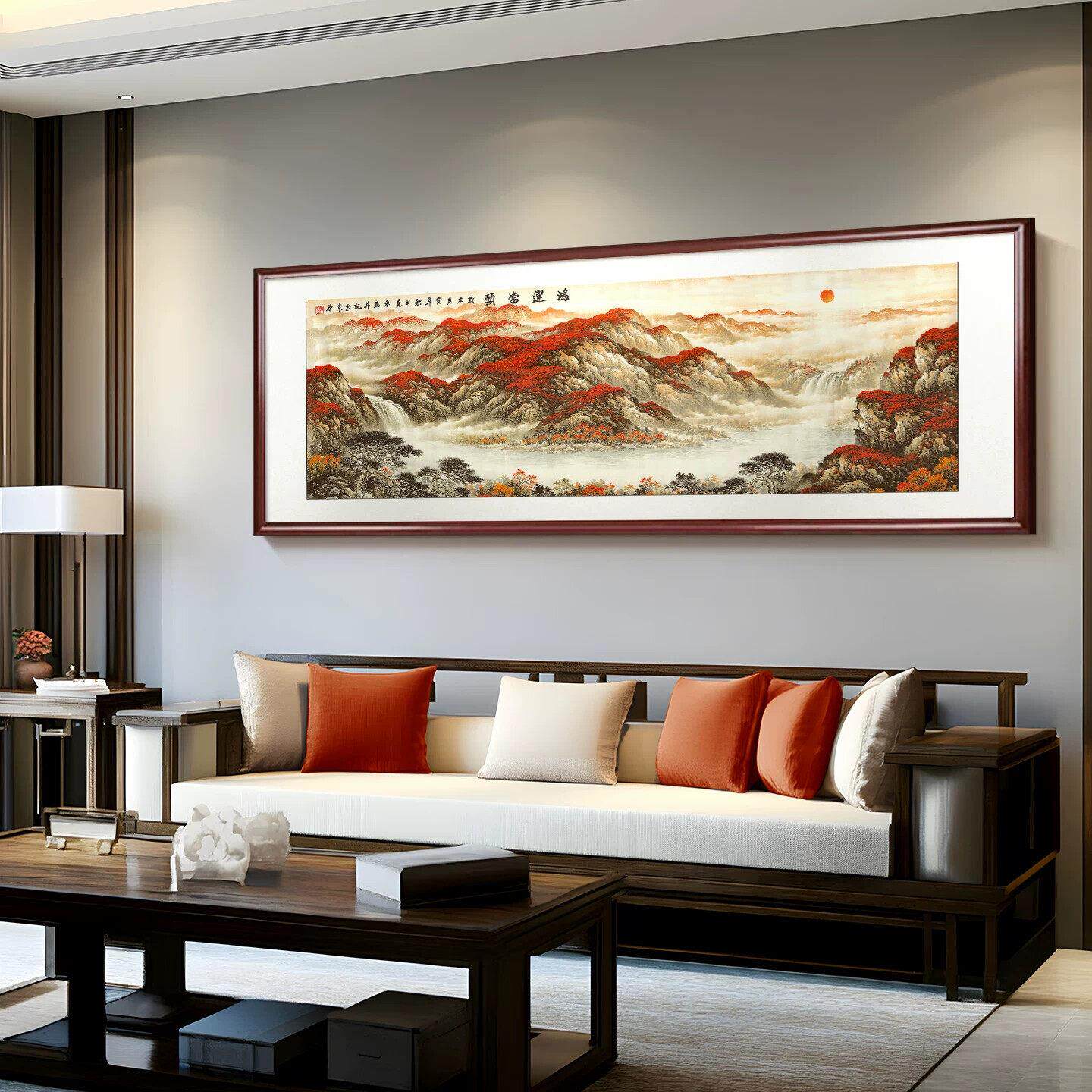 鸿运当头客厅装饰挂画新中式山水画实木沙发背景墙装饰画艺术壁画