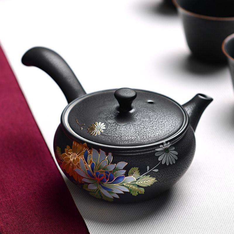 陶瓷铁锈釉茶壶中式立体手工扒花过滤功夫茶具木柄侧把壶单壶复古