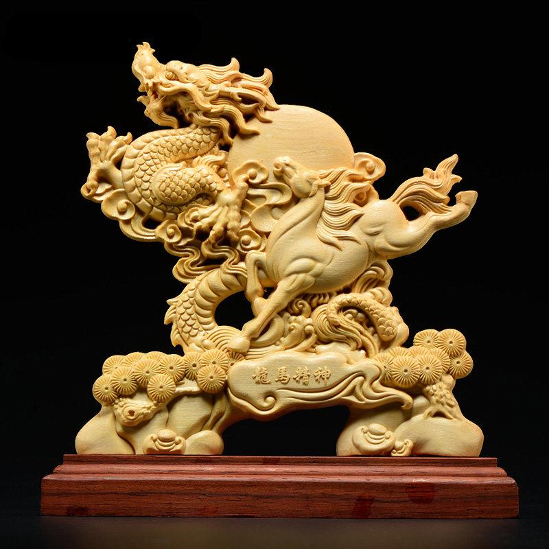 桧木雕刻龙马精神摆件木头根雕十二生肖红木质家居客厅装饰工艺礼