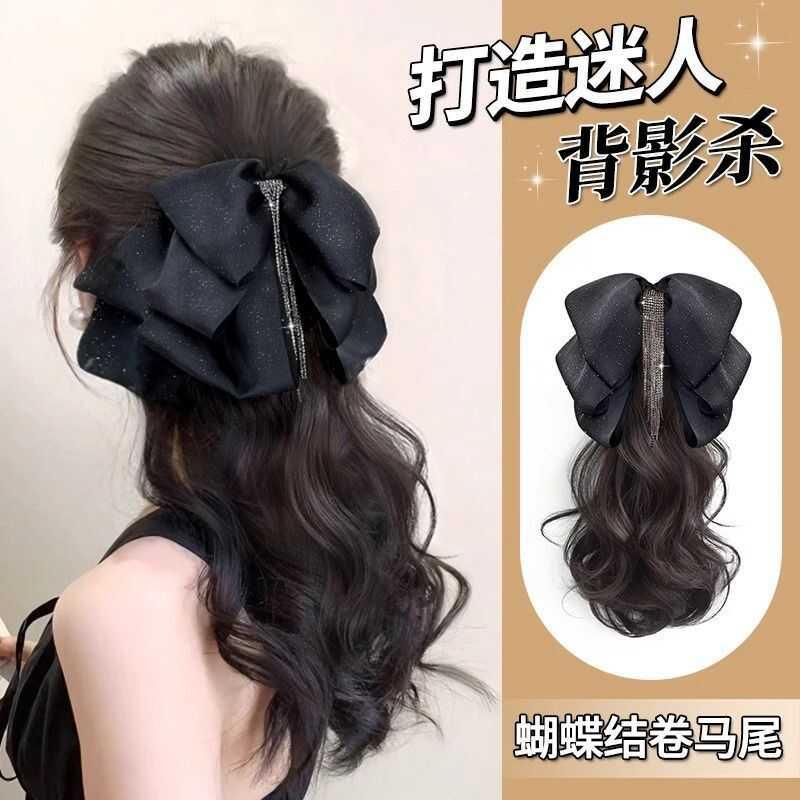 假发马尾女流苏蝴蝶结抓夹微卷气质女神真发低扎高扎假发辫时尚