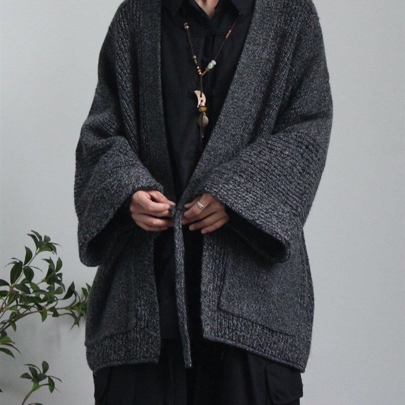 弎狸 TIP  春秋日系复古深灰色针织衫男女新中式个性道袍毛衣开衫