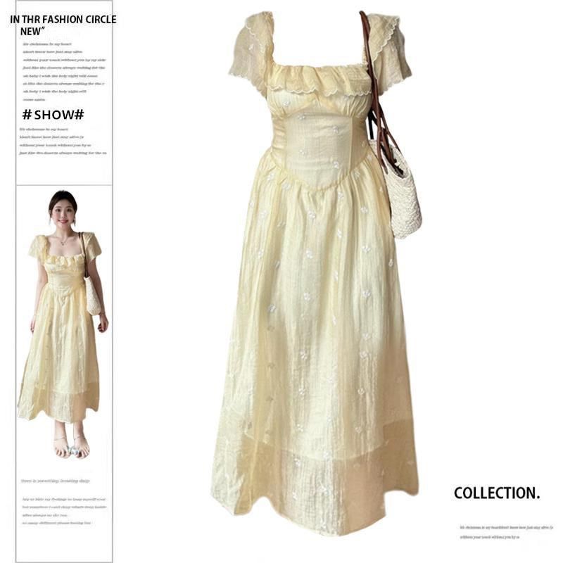 大码胖mm法式方领短袖碎花连衣裙女夏装度假温柔风收腰a字长裙子