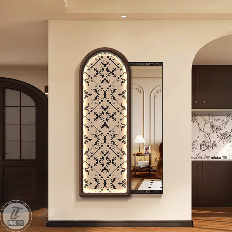 中古风法式玄关装饰镜子画推拉隐藏式穿衣镜卧室玄关走廊复古壁画
