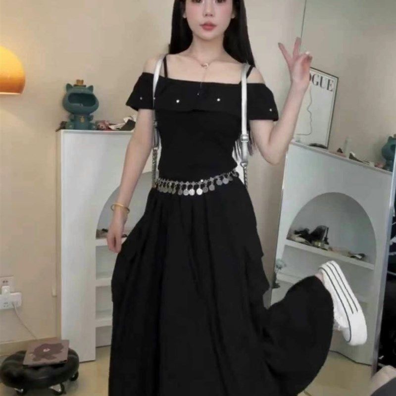 2024夏季新款法式温柔风气质一字肩上衣女又甜又辣半身裙两件套装