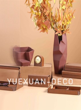 粤萱简约现代轻奢几何皮质陶瓷花器套装售楼处样板间酒店家庭软装