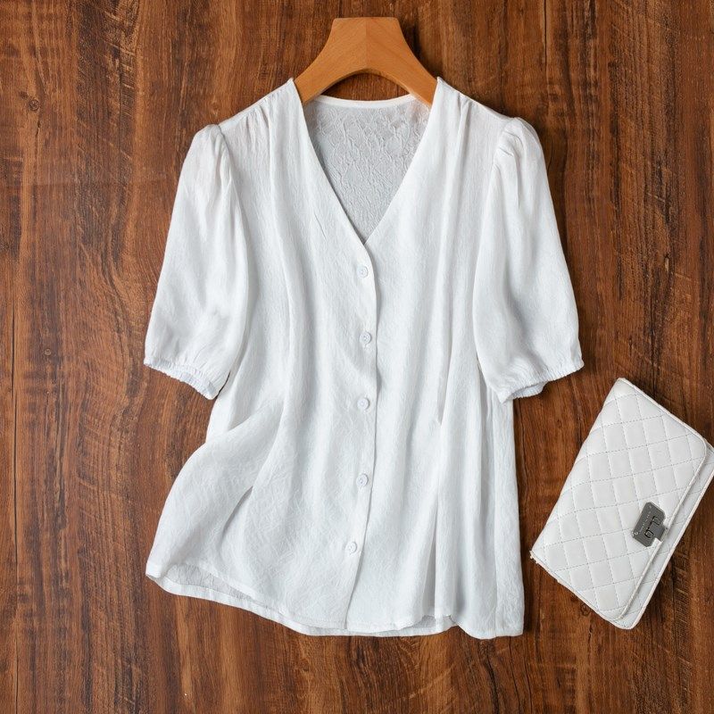 掐腰小衫!好面料软糯真丝冠乐绉V领泡泡袖收腰衬衫法式白色