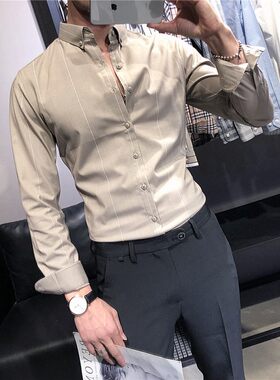 衬衫男长袖修身韩版潮流帅气西装衬衣商务正装休闲竖条纹中袖寸衫