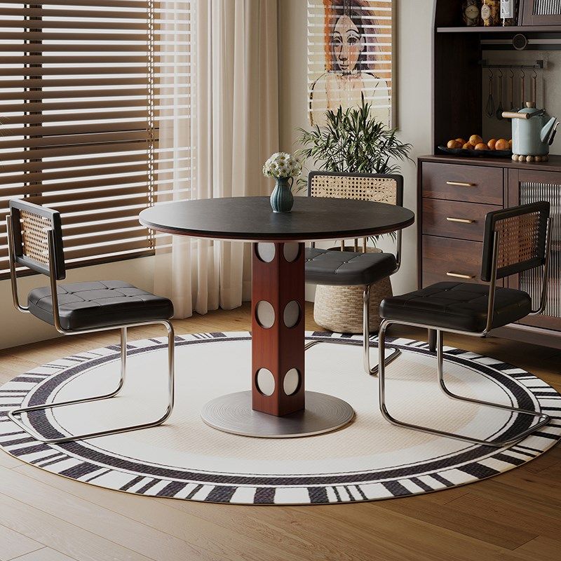 中古风圆形岩板餐桌家用法式复古金属腿北欧包豪斯实木洽谈圆桌子