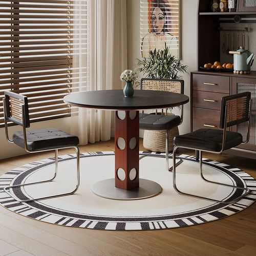 中古风圆形岩板餐桌家用法式复古金属腿北欧包豪斯实木洽谈圆桌子