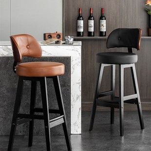 实木吧台椅简约轻奢家用牛皮酒吧椅复古真皮酒吧椅欧式Z靠背高脚