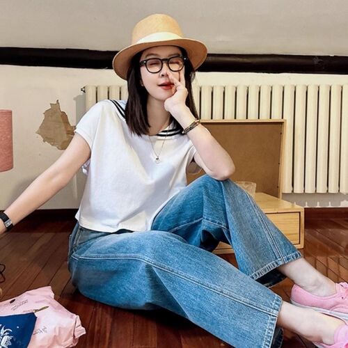 减龄青春活力水手领短袖t恤女2025年夏季新款设计感小众纯棉上衣