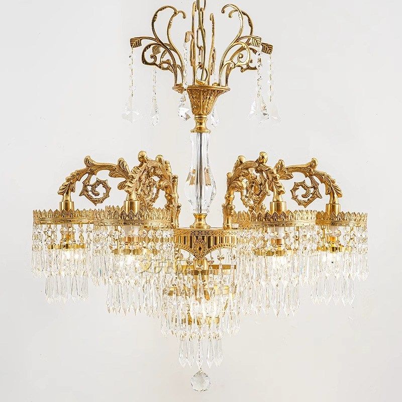 宫廷复式楼大吊灯法式水晶餐厅大堂客厅全铜别墅水晶楼中楼复古