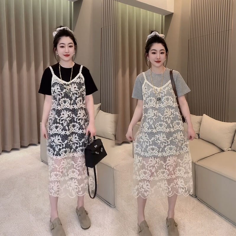 时尚减龄洋气套装女2025春夏新款法式蕾丝吊带裙纯色大T恤两件套