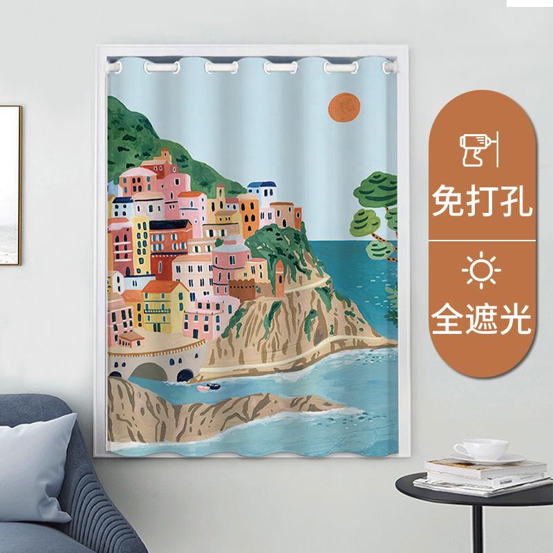 窗帘免打孔安装伸缩杆儿童房短款全遮光飘窗卧室卫生间防水小窗帘