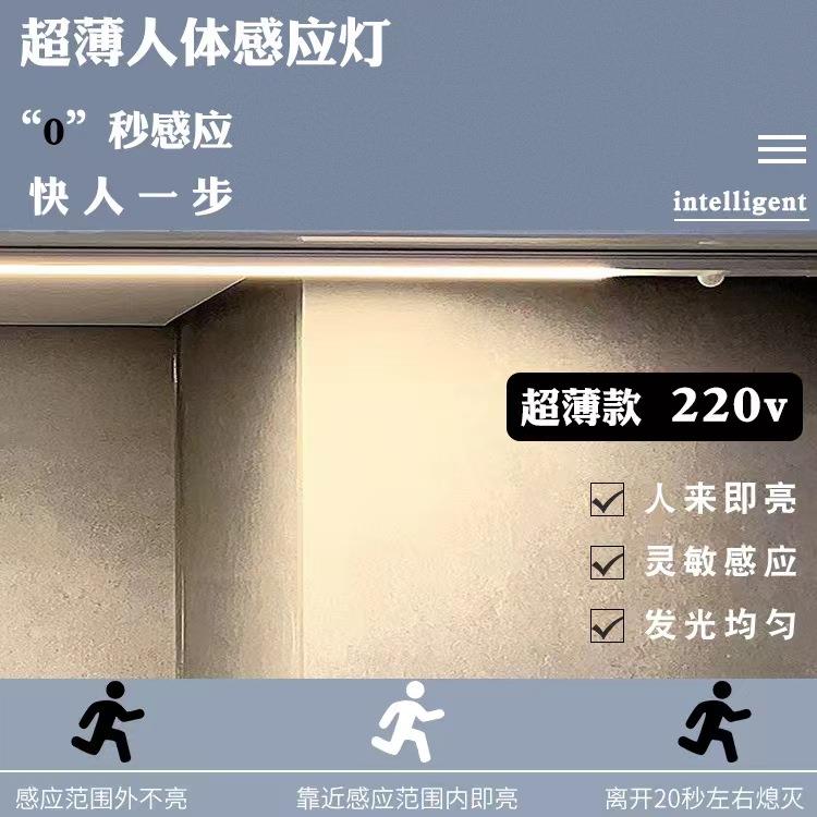 220V超薄插电人来即亮感应灯玄关鞋柜入户门自动人体感应衣柜灯条