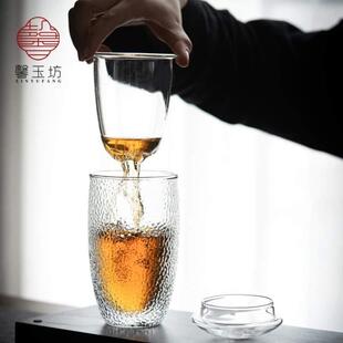 锤纹水杯茶水茶杯玻璃泡耐高温 带盖分离双层子女家用茶杯隔热男士