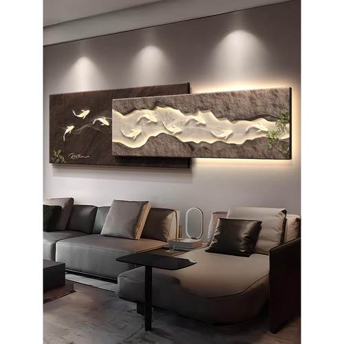 2025新款九鱼图轻奢沙发背景墙装饰画客厅高级感带灯挂画砂岩壁画