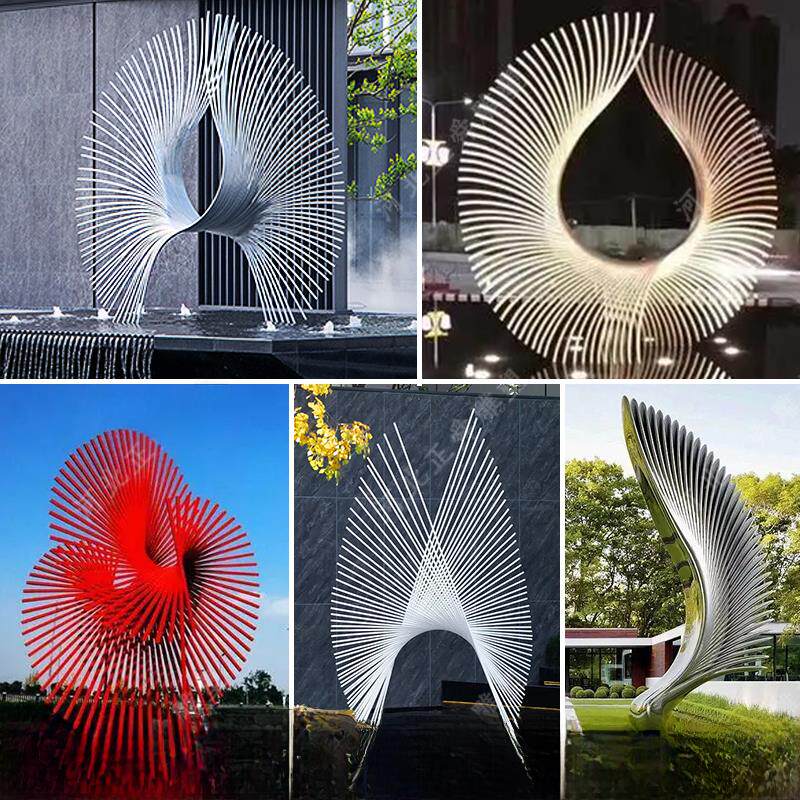 不锈钢抽象羽翼雕塑发光异形白钢管造型景观镂空翅膀凤尾水景摆件