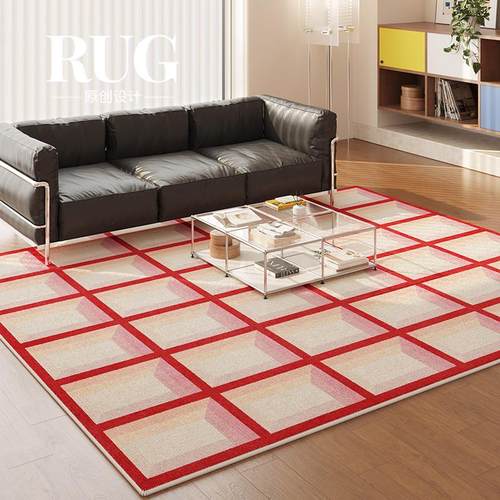 RUG原创设计 红色多巴胺格子客厅地毯轻奢高级感免洗可擦卧室地垫