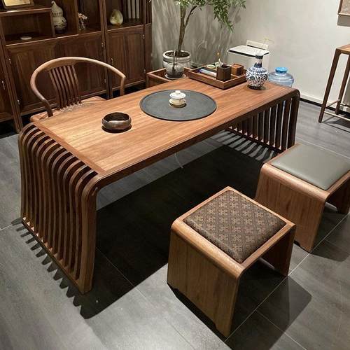 新中式实木茶桌椅组合简约客厅家用黑胡桃木泡茶桌茶楼办公接待桌