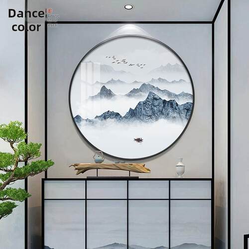 现代新中式圆形装饰画餐厅3d山水画客厅背景墙过道寓意好玄关挂画