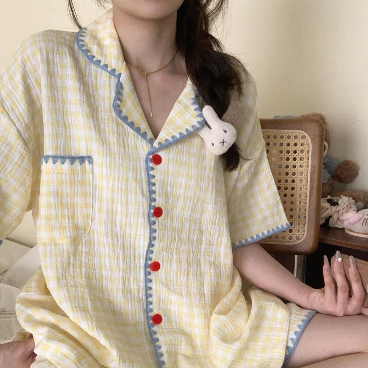 可爱撞色格子棉纱睡衣女款夏2026新款短袖套装双层纱布家居服夏天
