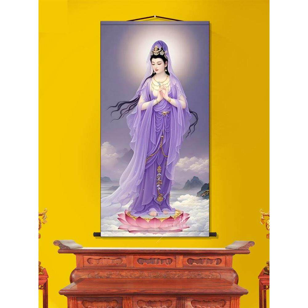 紫衣观音画像卷轴挂画新中式装饰画丝绸布工艺墙壁画国画挂轴书房