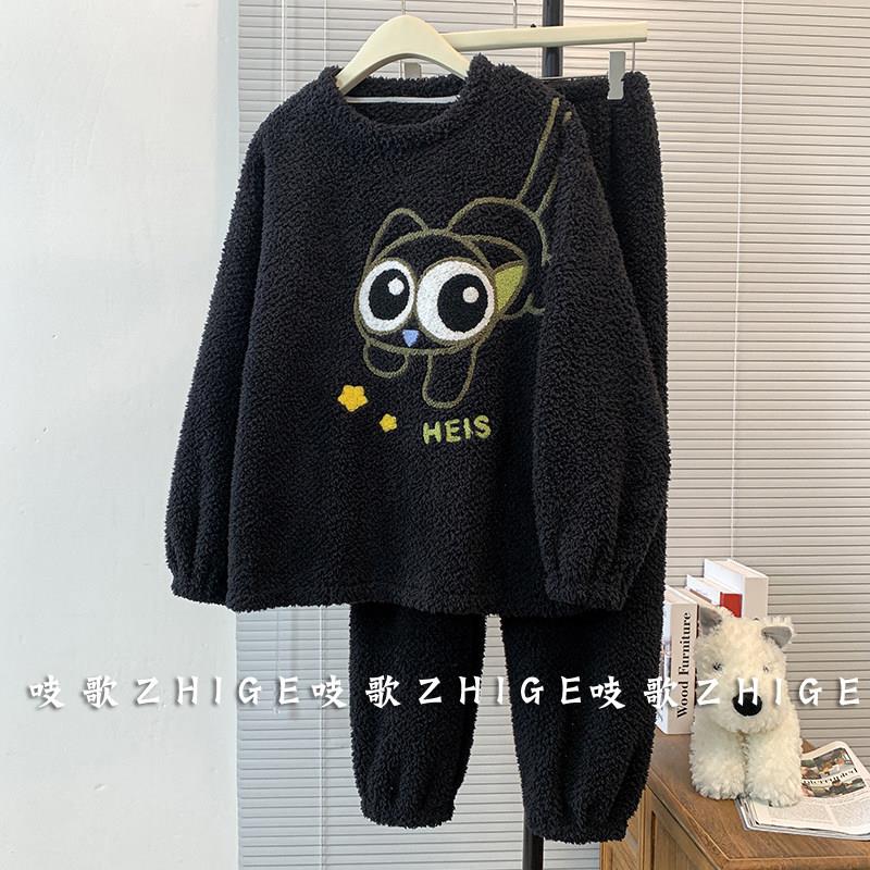 黑色半边绒睡衣女秋冬季加绒加厚珊瑚绒大码冬天家居服套装高级感