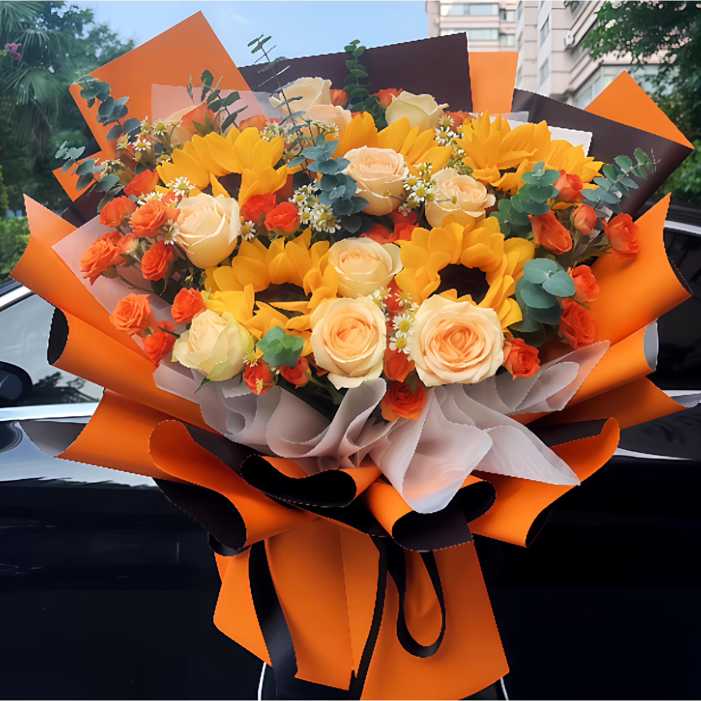 香槟玫瑰康乃馨鲜花束速递同城配送生日福州同城