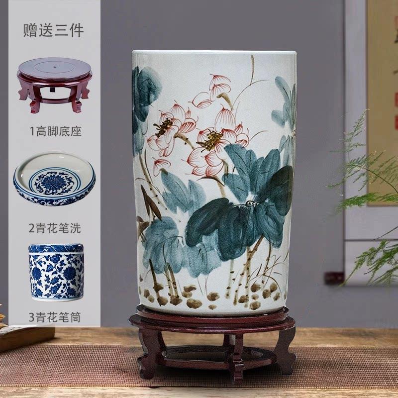 景德镇陶瓷手绘书房字画桶手绘收纳落地花瓶装饰摆件书画筒卷轴缸
