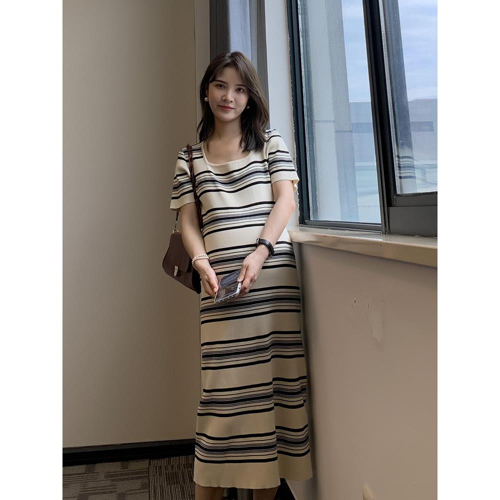 WAWA孕妇洋装条纹冰丝针织弹力孕妇装夏季新款慵懒辣妈中长版裙