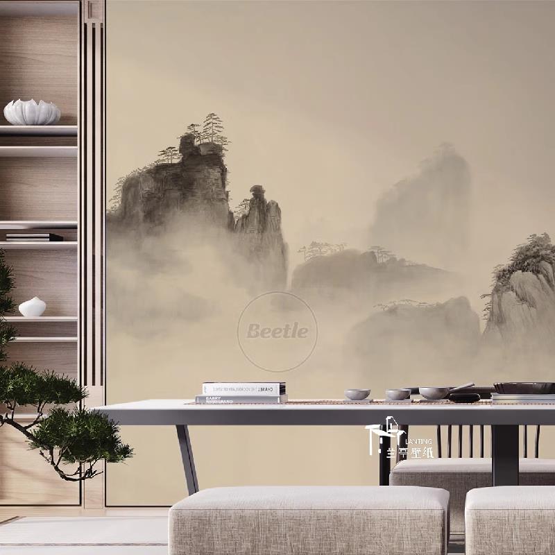 国画山水中式轻奢壁纸客厅沙发电视背景墙布卧室背景壁画茶室壁布