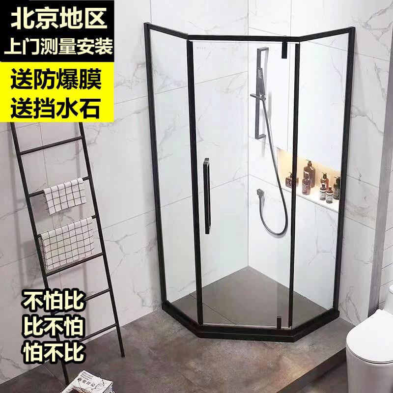 网红极简淋浴房黑白色304不锈钢内外开钻石一字沐浴防爆玻璃隔断