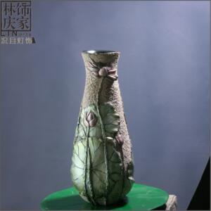 中式客厅居家树脂浮雕复古花瓶摆件茶室玄关桌面插花装饰干花花器