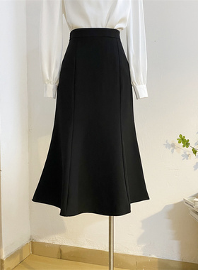黑色鱼尾裙中长款半身裙女2w025春夏高腰a字包臀显瘦气质长裙子