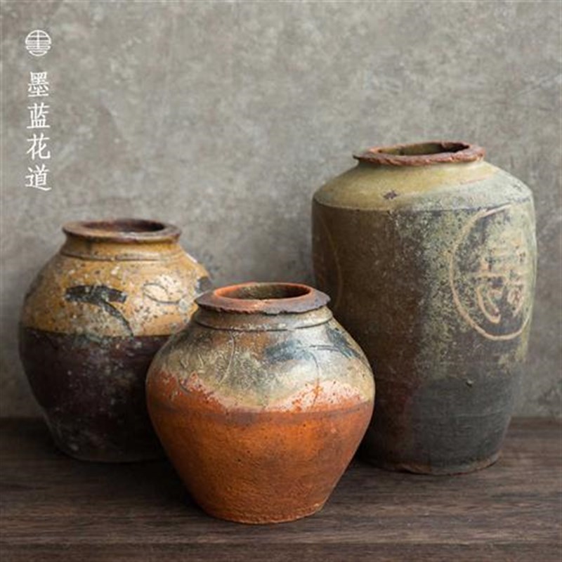 旧物老坛子陶罐金缮修复老物件坛子老缸花器禅意中式插花器皿陶瓷
