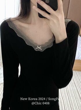 低领美体蕾丝保暖套装秋冬新款长袖线衣线裤显P瘦弹力薄款秋衣打