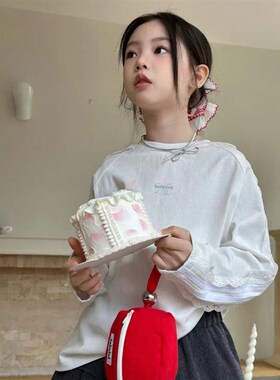 熙爱2025春秋季新款女童蕾丝拼接B长袖T恤宽松阔版简约好搭25831
