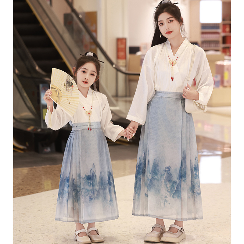 万重山母女装汉服m马面裙亲子秋季薄款套装儿童国风水墨明制古装