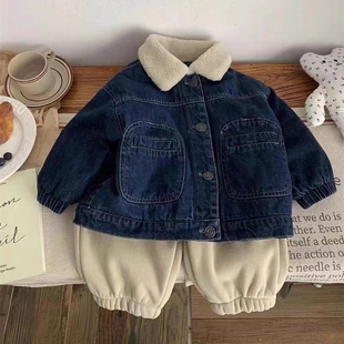 男童套装冬季加绒棉服外套男宝冬装牛仔加厚宝R宝蓝色钮扣潮流酷