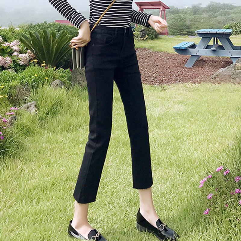 黑色烟管直筒牛仔裤m女加绒保暖2021年春秋冬新款八分九分小个子