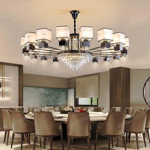 别墅会所大餐桌吊灯带射灯新中式布艺菜馆火锅店酒店包厢布艺吊灯