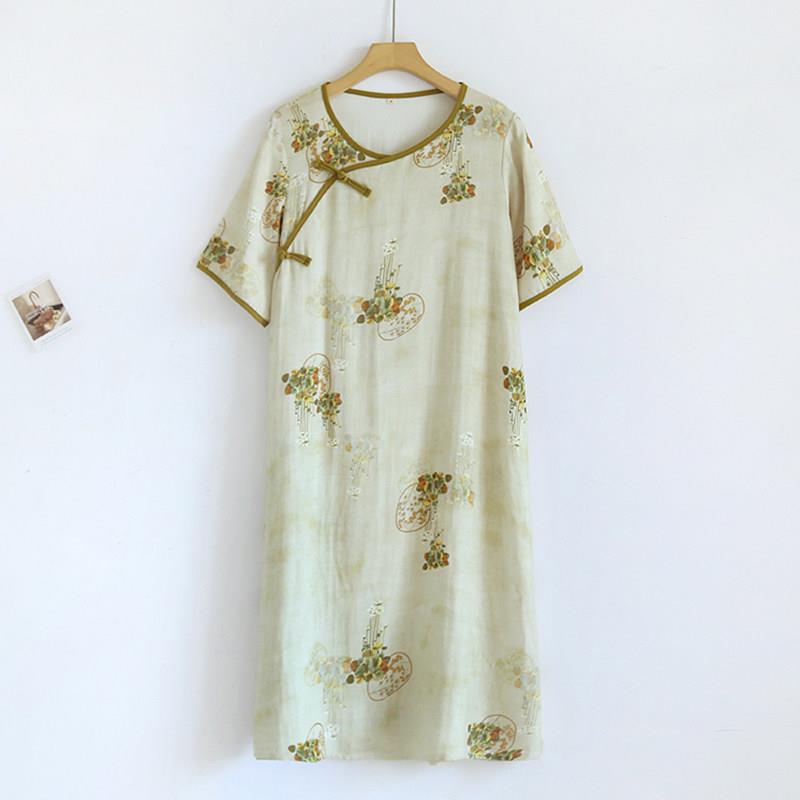 新中式夏季女睡裙竹纤维棉绸国风古典韵短袖长袖睡衣家居服薄款