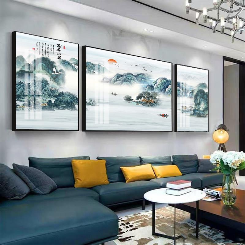 客厅装饰画中式山水画沙发背景墙挂画壁画挂画三联画字画风景国画