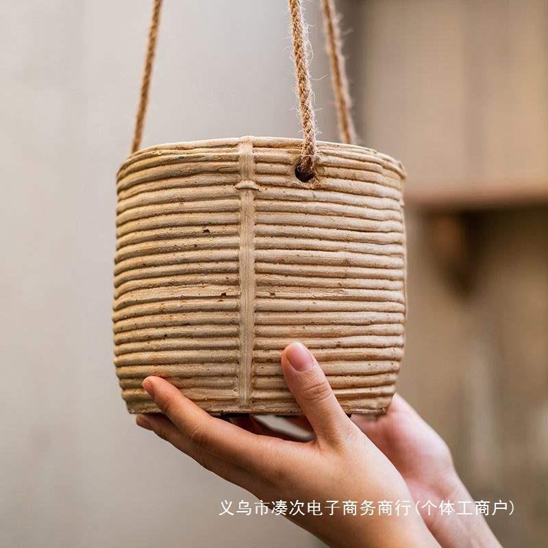 田园仿藤编花盆吊篮水泥花器麻绳垂吊悬挂吊兰绿萝花篮阳台庭院