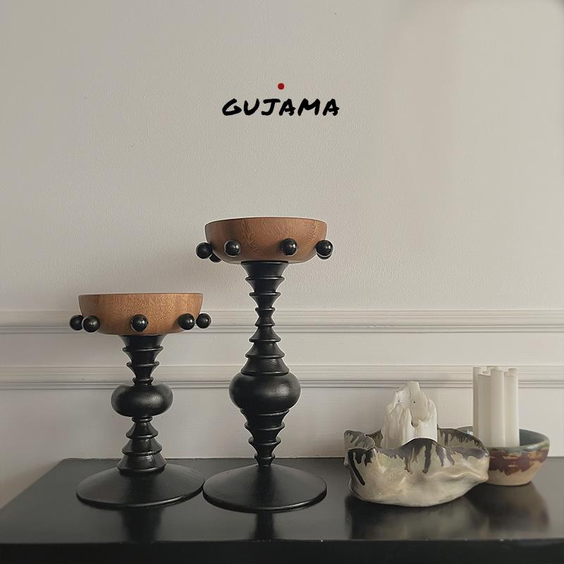 GUJAMA原创复古高脚木质托盘家居民宿摆件蜡烛香薰香水中古装饰品